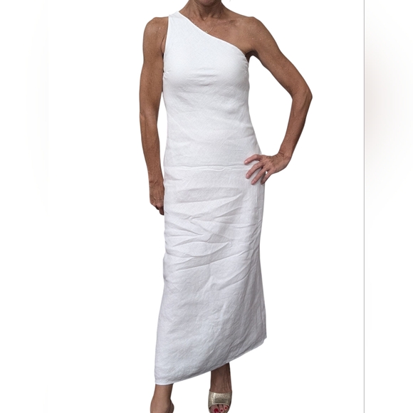 NWT Zara 100% Linen White One Shoulder Maxi Dress Summer Resort Evening XS - Picture 1 of 13